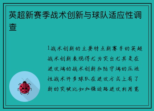 英超新赛季战术创新与球队适应性调查